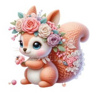 10 schattige bloemen eekhoorn clipart png, pastel bosdier met grote ogen en bloemenkroon, grillige bos kinderkamer illustratie