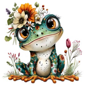 Floral Frog PNG Clipart, Whimsical Animal Illustration, Spring Botanical Nursery Art