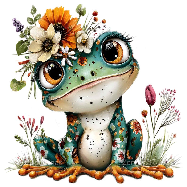 Floral Frog PNG Clipart, Whimsical Animal Illustration, Spring Botanical Nursery Art