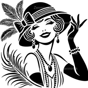 4 archivos SVG de mujer estilo flapper retro, dama art déco con sombrero de plumas, diseño de silueta vintage de los años 20 para Cricut y corte láser