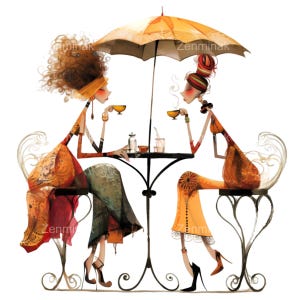 Może przedstawiać: Akwarelowa ilustracja dwóch postaci siedzących przy stoliku kawiarnianym pod pomarańczowym parasolem. Ubrane są w pomarańczowe, czerwone i zielone ubrania, trzymają filiżanki herbaty. Stół ma czarną metalową ramę, a krzesła mają ozdobne oparcia. Widoczne jest nazwisko artysty, Zenminak.