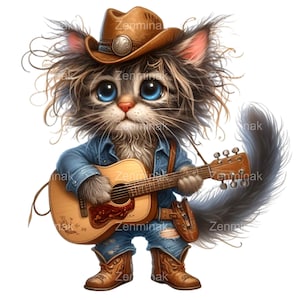 14 grappige kat met gitaar PNG-clipart – rommelig bont, cowboyhoed, denim outfit, laarzen, grote ogen, schattige katachtige muzikant kunst