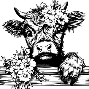 4 SVG di mucca scozzese floreale, clipart di fattoria rustica per Cricut, design di mucca di campagna per artigianato e arredamento