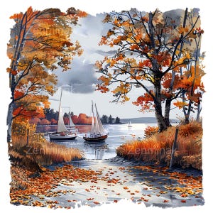 10 scène de lac d'automne PNG - voilier aquarelle PNG Clipart - illustration nautique d'automne pour les projets de décoration côtière et d'artisanat saisonnier