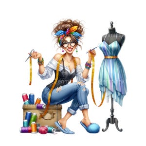May include: A woman wearing a white shirt, blue jeans, and a colorful headband is sitting on a box of colorful thread spools. She is holding a pair of scissors and a measuring tape. A dress form with a blue and white striped dress is in the background.