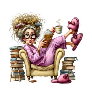 Puede incluir: Una mujer en pijama rosa se sienta en una silla con los pies en alto, leyendo un libro y sosteniendo una taza de café. Tiene muchos libros apilados en un taburete a su lado y en un estante detrás de ella.