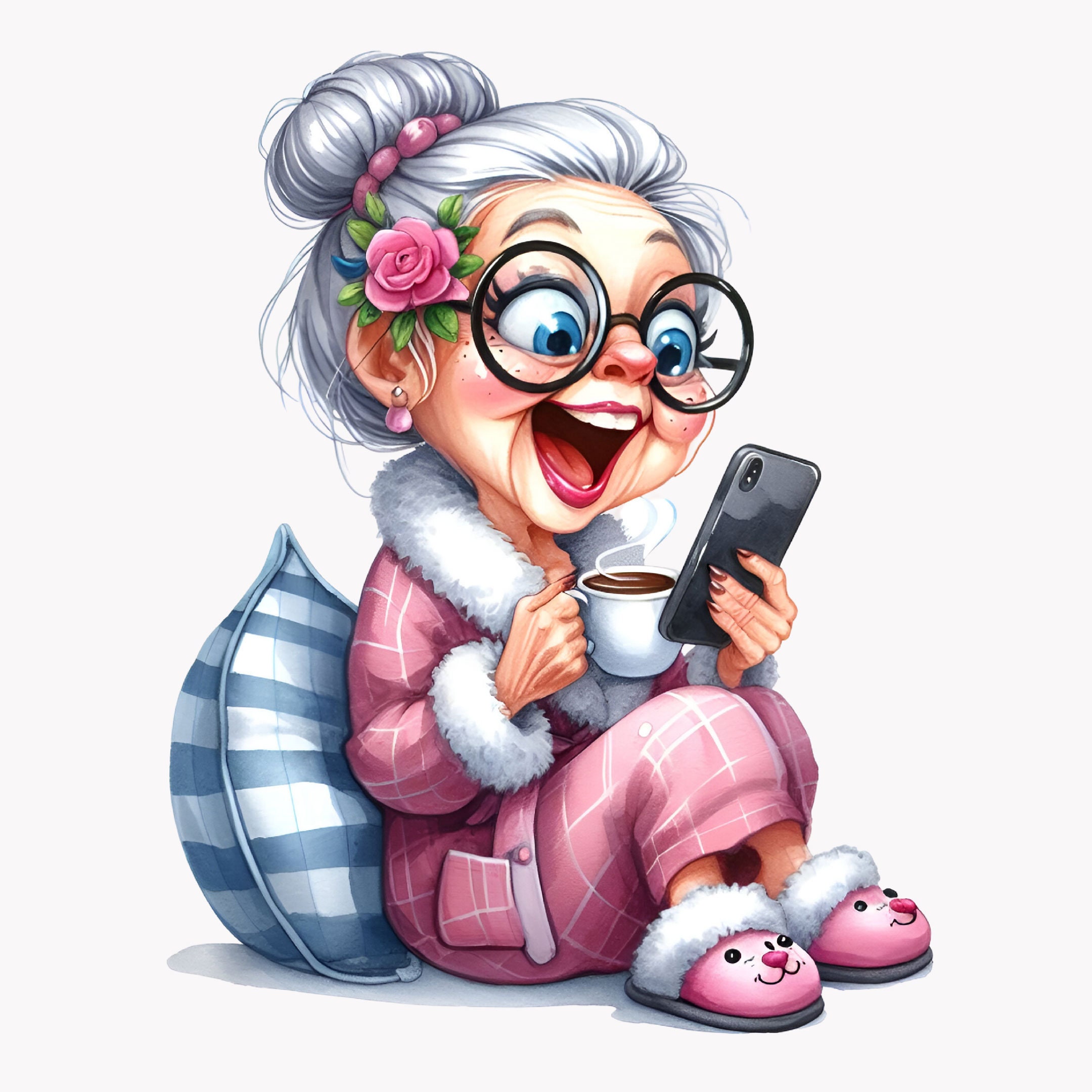 10 PNG Funny Granny PNG Clipart – Old Lady With Coffee and Phone ...