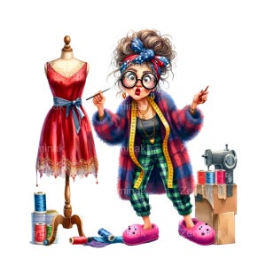 12 Funny couturière grand-mère PNG, femme âgée à lunettes avec outils de couture, mannequin, fils et clipart de machine à coudre