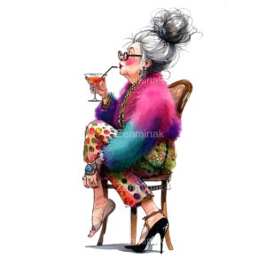 Signora anziana rilassata con Martini in elegante abito PNG Clipart, 18 illustrazioni divertenti e glamour