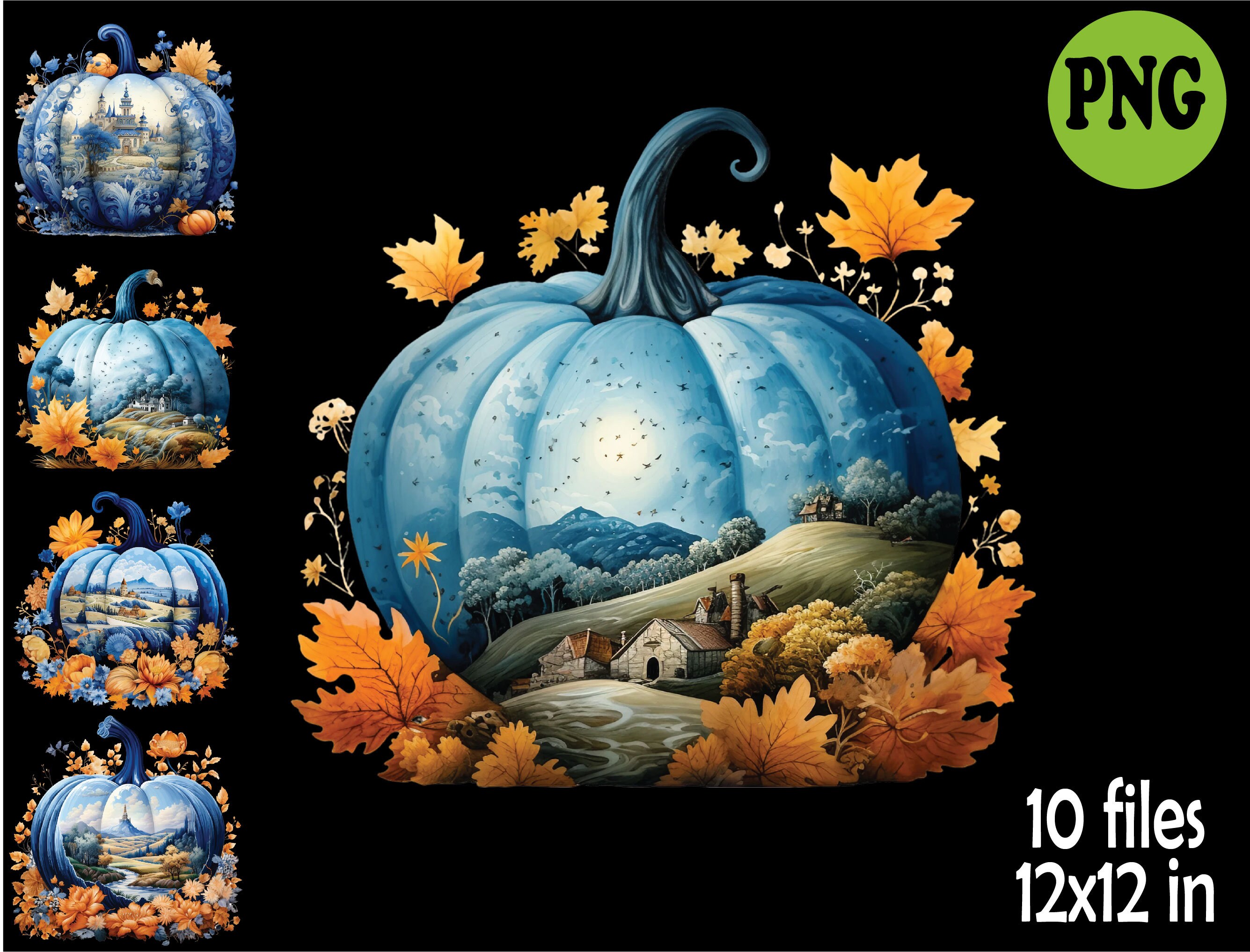 10 PNG Blue Pumpkin Watercolor Clipart, Fall Landscape Porcelain - Etsy
