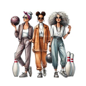 19 PNG Bowling Ladies Clipart – PNG de trois femmes confiantes avec des boules et des épingles – Illustration sportive amusante pour projets de loisirs créatifs et de jeux