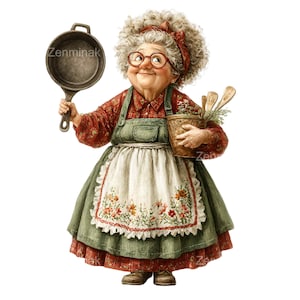 May include: A charming illustration of an elderly woman in a red floral shirt, green apron, and floral-embroidered white apron. She holds a cast iron frying pan in one hand and a pot with wooden spoons in the other. The image has the text "Zenminak".
