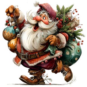 May include: A cheerful illustration of Santa Claus, dressed in a red suit with a matching hat, carrying a sack of gifts and ornaments. He has a long white beard, rosy cheeks, and is smiling. The image has a festive, watercolor style.