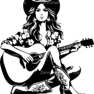 7 SVG Cowgirl Guitar SVG, Archivo de corte de mujer de música country, Clipart de músico occidental para Cricut y Silhouette