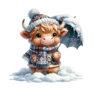 15 PNG Mucca Highlander Invernale - Graziosa Clipart PNG in Cappotto Scozzese con Ombrello - Arte Animale per Artigianato Natalizio e Adesivi Stagionali