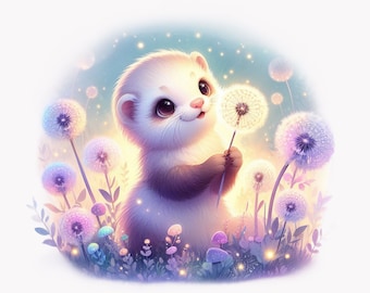 Ferret Clipart, Magic Dandelion PNG, Nursery Wall Art, Baby Gift, Kindergarten