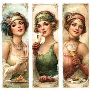 15 PNG Vintage 1920s Flapper Girl Clipart, Party Ephemera Junk Journal Bookmark