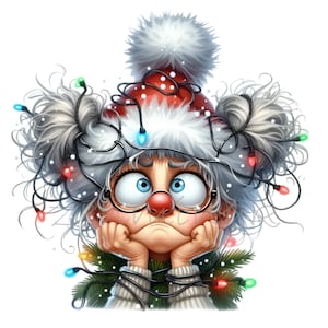 Festliche Oma mit Weihnachtslichter Clipart | Lustige Urlaub Illustration 12 PNG | Perfekt für Weihnachtsbasteleien und Karten
