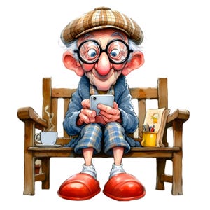 12 grappige opa-illustraties, png-bestand: cartoon opa zittend op bank met koffie en telefoon - digitale download voor knutselen