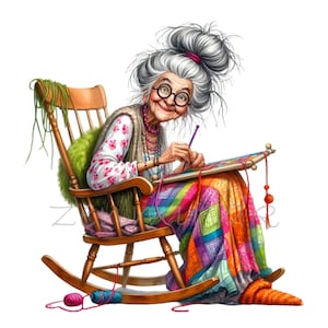 May include: An elderly woman with gray hair and glasses sits in a rocking chair, crocheting a colorful blanket. She is wearing a floral print shirt and a colorful patchwork skirt.
