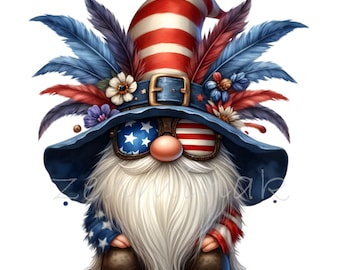 Peut inclure: Un gnome portant un chapeau bleu et rouge avec une bande blanche et rouge, des plumes rouges, blanches et bleues et des lunettes de soleil rouges, blanches et bleues. Le gnome a une barbe blanche et porte une chemise rouge, blanche et bleue.