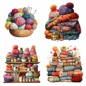 20 Garn und Stricken PNG Clipart Set – Bunte Stränge, Kuschelige Mützen, Handgefertigtes Zubehör, Regale mit Wolle und Büchern