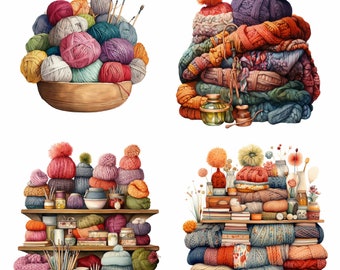 May include: Four different arrangements of colorful yarn balls, knitting needles, and crocheted items. The top left image shows a bowl filled with yarn balls. The top right image shows a stack of crocheted items. The bottom left image shows a shelf with yarn balls, knitting needles, and crocheted items. The bottom right image shows a stack of crocheted items with flowers and other decorative items.