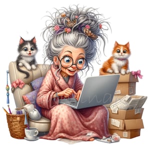 Lustige ältere Dame mit Laptop, süße Oma Haustiere Clipart 10 PNG Illustration Digitale Downloads