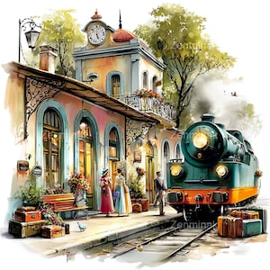 May include: Watercolor painting of a vintage train station with a steam engine train. The station has a clock tower and arched windows. People are standing on the platform with luggage. The color palette includes greens, pinks, and yellows.