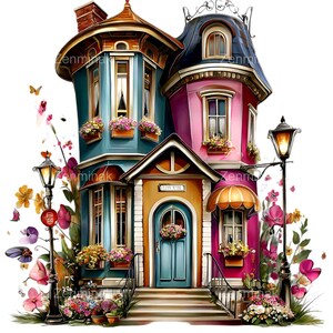 Könnte beinhalten: Eine farbenfrohe Illustration eines skurrilen Hauses mit mehreren Etagen, das blaue, rosa und orangefarbene Abschnitte aufweist. Das Haus ist mit Blumenkästen, einer blauen Tür und dekorativen Straßenlaternen geschmückt und schafft eine charmante, märchenhafte Ästhetik.