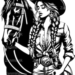 6 file di taglio SVG di Cowgirl e Cavallo - Donna Western con Trecce, Cappello e Fibbia per Cintura - Clipart di Rodeo Country Farm