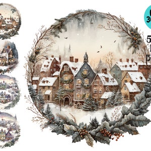 5 PNG Vintage Winter Village Clipart – Snowy Holiday Scene PNG Bundle for Christmas Cards, Tags, Crafts, Junk Journals, Sublimation