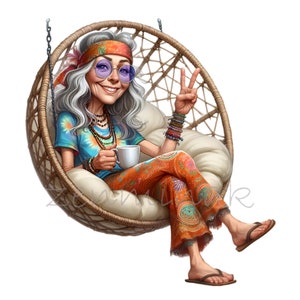 Hippie Oma in Schaukel PNG - 15 Peace Zeichen Cartoon Clipart - Entspannte ältere Frau Kunst