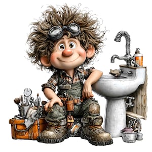 Könnte beinhalten: Cartoon-Illustration eines lächelnden Klempners mit zerzaustem braunen Haar, Brille und Arbeitsstiefeln. Er sitzt neben einem weißen Waschbecken, mit einer Werkzeugkiste und verschiedenen Werkzeugen. Der Stil ist verspielt und cartoonartig.