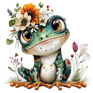 May include: A charming illustration of a frog adorned with a floral crown. The frog is predominantly green with floral patterns and orange feet. Its large eyes are striking. The crown features white, orange, and yellow flowers, with sprigs of grass and flowers surrounding it.