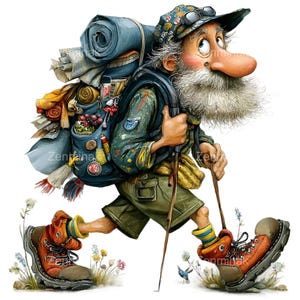 Può includere: Illustrazione di un cartone animato di un escursionista anziano con un grande zaino, bastoncini da trekking e scarponi da trekking. L'escursionista ha una lunga barba bianca, un naso grande e indossa un cappello. Lo zaino è pieno di provviste e gli stivali sono arancioni e marroni.