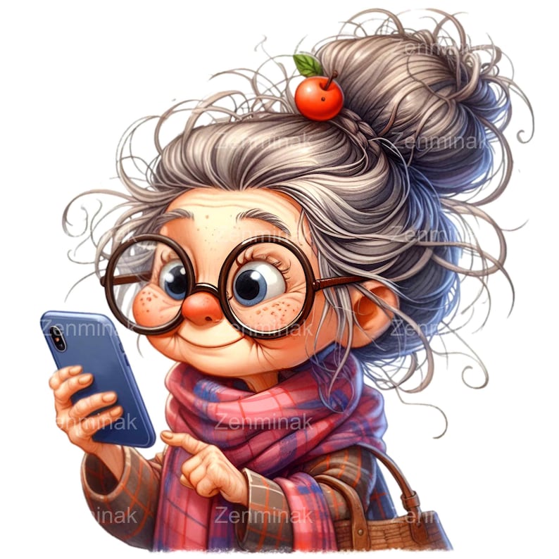 May include: A cartoon illustration of a woman with grey hair in a bun, wearing round glasses, a pink and red plaid scarf, and a brown coat. She is smiling and looking at a blue smartphone in her hand.