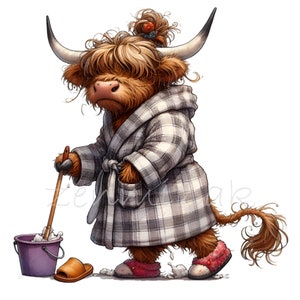 12 grappige Highland Cow PNG-clipart – geruite badjas, rommelig haar, pantoffels, dweil en emmer, luie schoonmaak cartoondier