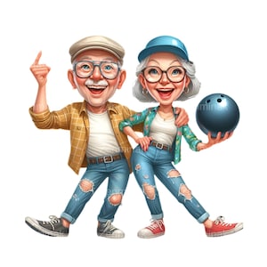 18 cliparts PNG drôles de couples de personnes âgées de bowling - personnages de dessins animés âgés en jeans déchirés - art numérique sport rétro