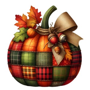 Puede incluir: Una calabaza de patchwork con una cinta marr&oacute;n y hojas de oto&ntilde;o. La calabaza est&aacute; decorada con bellotas y tiene un ambiente r&uacute;stico y oto&ntilde;al.