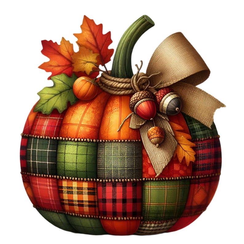 Puede incluir: Una calabaza de patchwork con una cinta marr&oacute;n y hojas de oto&ntilde;o. La calabaza est&aacute; decorada con bellotas y tiene un ambiente r&uacute;stico y oto&ntilde;al.