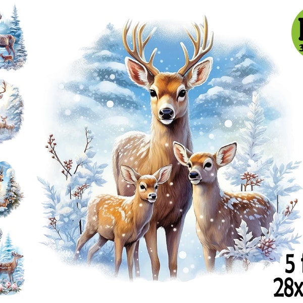 Family Deer Clipart, Snowy  Forest, Winter Scenery, Deer Lovers,