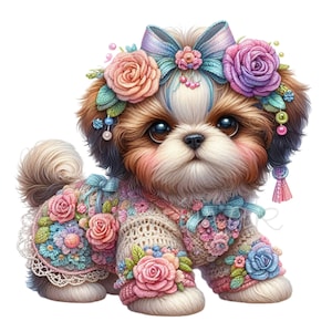 Cute Shih Tzu Crocheted 12 PNG Pastel Colors Nursery Cartoon illustration clipart, Planner, Mom Junk Journal, Card Making, Lovers Gift