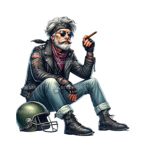 Könnte beinhalten: Ein Mann mit weißem Bart und grauem Haar sitzt mit gekreuzten Beinen. Er trägt eine schwarze Lederjacke, blaue Jeans und schwarze Stiefel. Er hat ein rotes Bandana um den Hals und eine Zigarette in der Hand. Er hält einen grünen Footballhelm auf seinem Schoß.