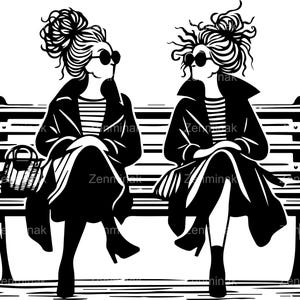 6 schicke Damen auf Bank SVG, lustige Clipart, stilvolle Frauen PNG, Retro Freunde digitale Datei, elegante Modekunst