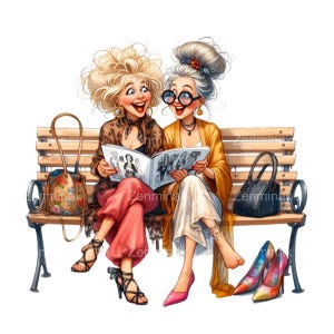 16 Fashionable Granny Clip Art PNG - Stylish Senior Ladies on Bench ...