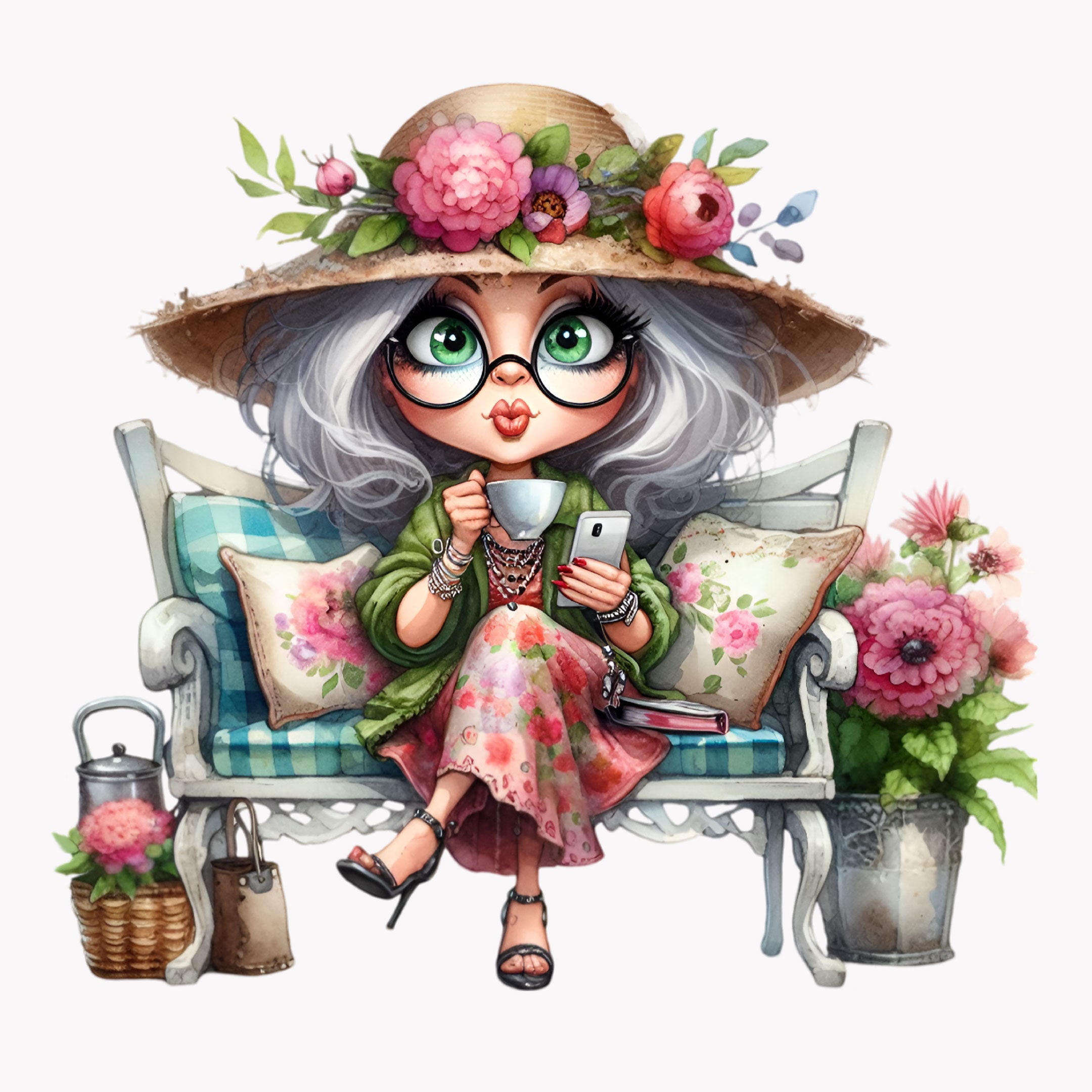 10 PNG Funny Granny Gardening PNG Clipart – Old Lady With Coffee and ...