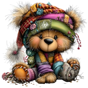 Peut inclure: Illustration fantaisiste d'un ours en peluche portant un chapeau et une écharpe en patchwork. L'ours a un pelage brun, des joues roses et un nez noir. Le chapeau est un mélange de tissus à carreaux, floraux et unis. L'ours porte une tenue en patchwork.