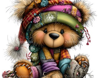 12 PNG Patchwork Bear Clipart, Winter Funny Animal Graphics