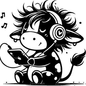 5 SVG Dreamy Cow Listening to Music SVG Cut File - Cute Calf with Heart Headphones Clipart - Sweet Cartoon Farm Animal Design